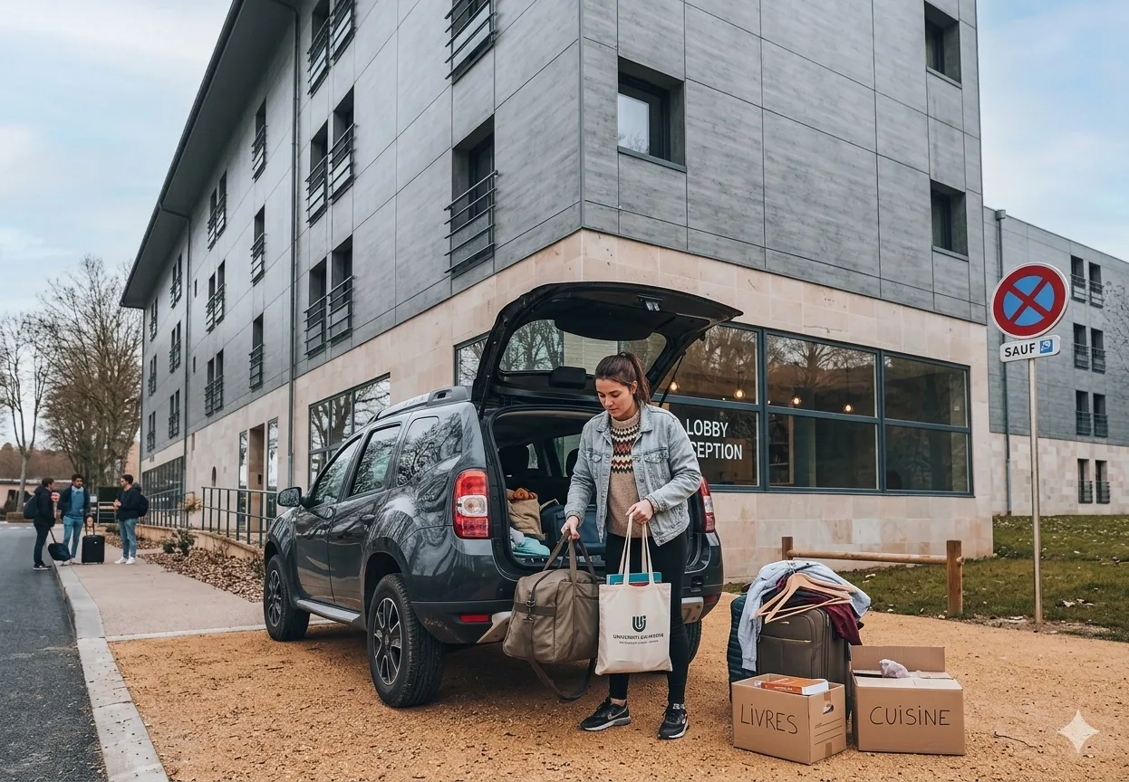 Arrivée d’une étudiante à la résidence Zenao Nevers, cartons et valises