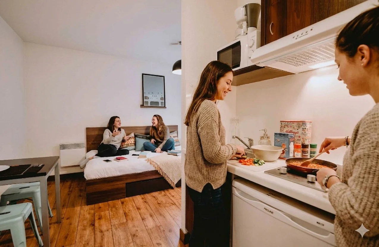 Deux étudiantes cuisinent dans la kitchenette d’un studio de la résidence Zenao Nevers