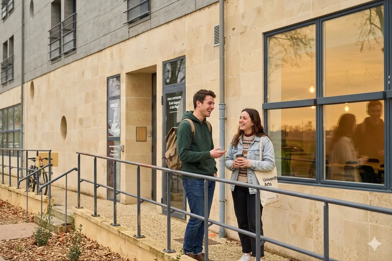 Deux étudiants discutent devant l’entrée de la résidence Zenao Nevers à l’heure dorée
