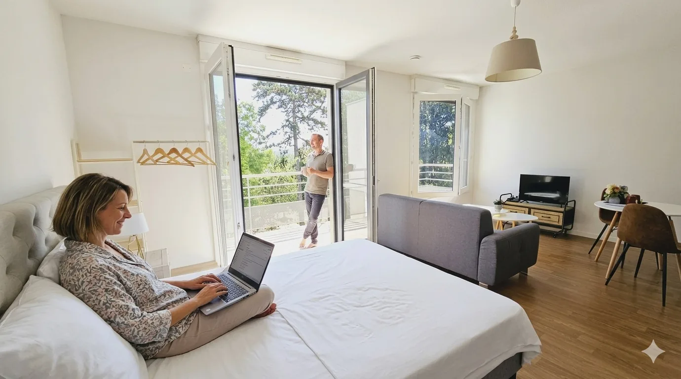 Étudiante sur son lit dans un studio lumineux de la résidence Zenao Nevers
