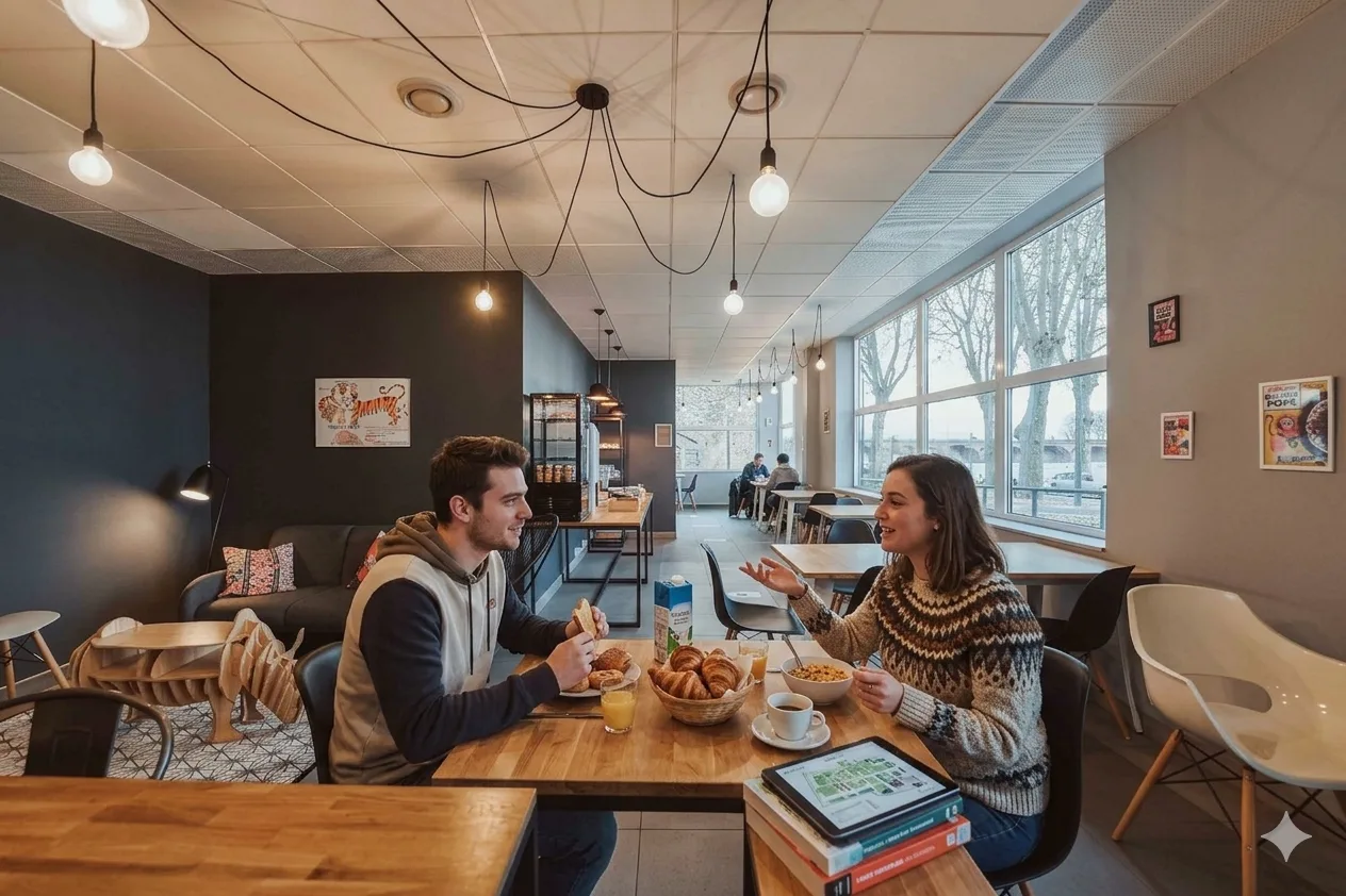 Deux étudiants au petit-déjeuner dans l’espace commun de la résidence Zenao Nevers