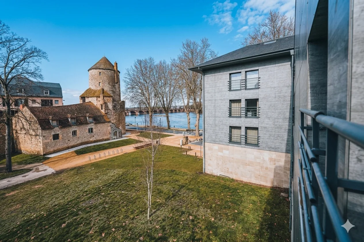 La résidence Zenao Nevers face à la Loire, avec la tour historique