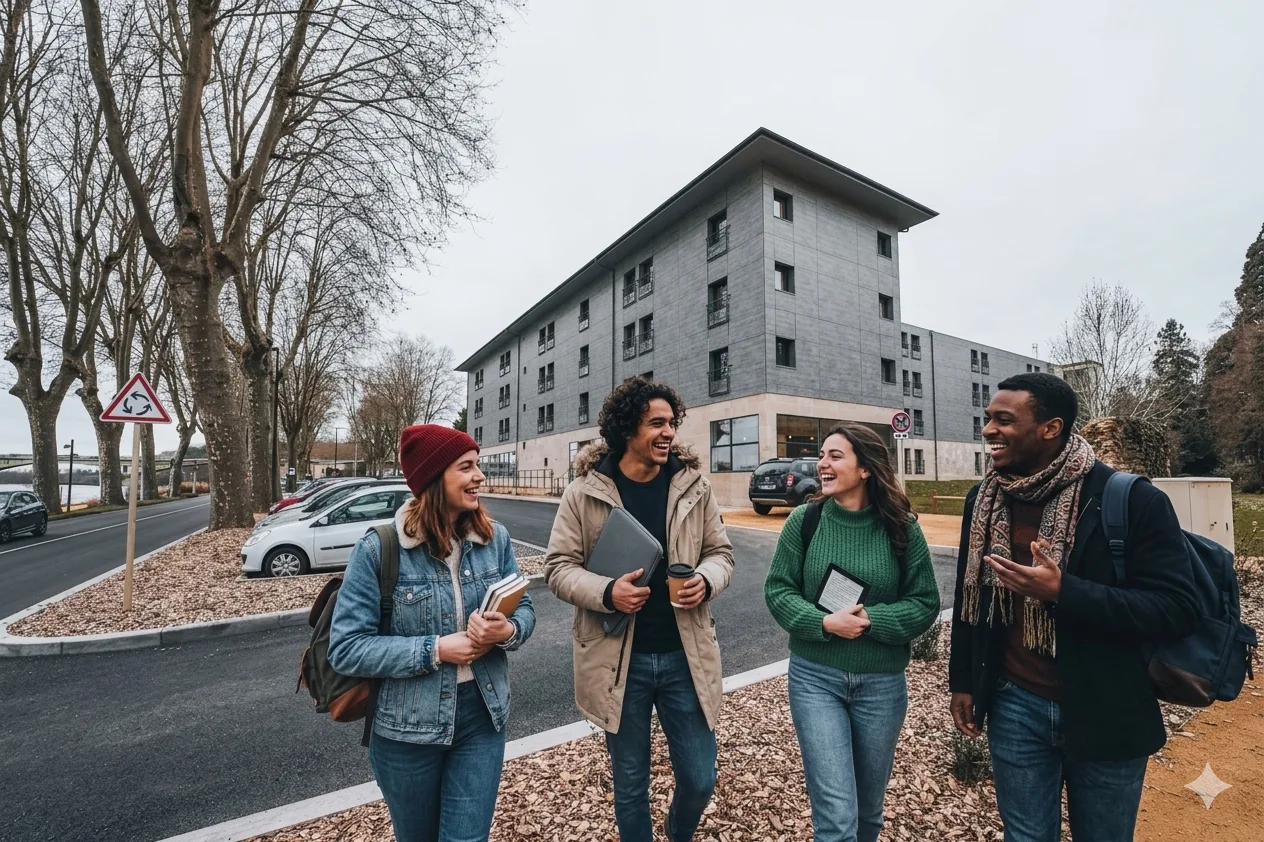 Groupe d’étudiants devant la résidence Zenao Nevers en automne