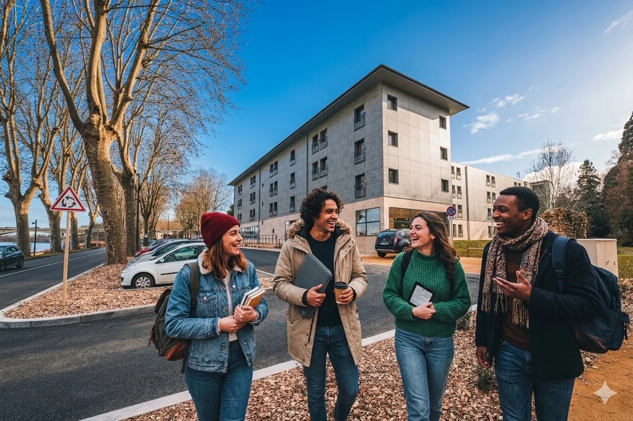 Groupe d’étudiants marchant devant la résidence Zenao Nevers