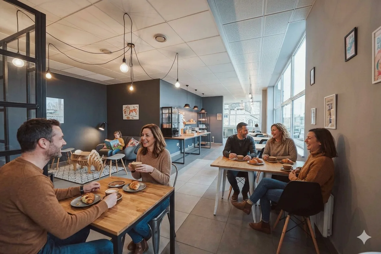 Étudiants partageant un repas dans l’espace commun de la résidence Zenao Nevers